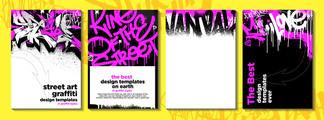 Graffiti poster or flyer design templates with colorful tags, grunge, scribblers and throw up. Hand-drawn abstract graffiti vector designs.