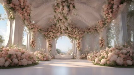 Wedding arch decorated with pink flowers. 3d render.