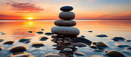 Zen stones balancing forming a seaside pyramid at sunset