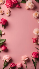 Flowers composition. Frame made of pink flowers on pink background. Flat lay. top view. copy space