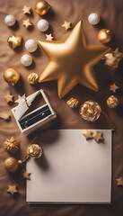 Merry Christmas and Happy Holidays greeting card mockup. Golden stars. gift box and blank paper sheet on brown background