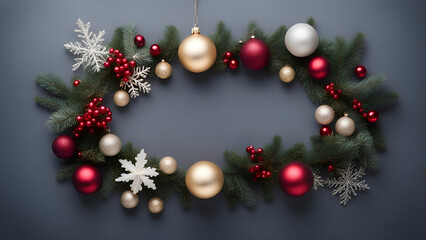 Christmas wreath with red and gold baubles on dark background