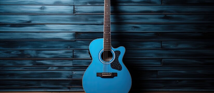 Fragment of blue guitar on gray wood background