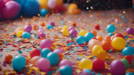 Fototapeta na wymiar Colorful balloons and confetti on the floor. Birthday party background