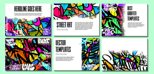 Graffiti poster or flyer design templates with colorful tags, grunge, scribblers and throw up. Hand-drawn abstract graffiti vector designs. © Themeaseven