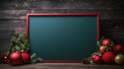 merry christmas new year background with decorations on green sign board at wall. blank banner board with copy space. frame wallpaper texture for ads. Generative AI