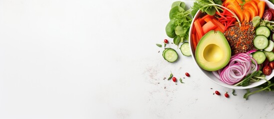 Top view of a white background showcasing a bowl filled with a variety of fresh raw vegetables including cabbage carrot zucchini lettuce watercress salad cherry tomatoes avocado nuts and po - obrazy, fototapety, plakaty