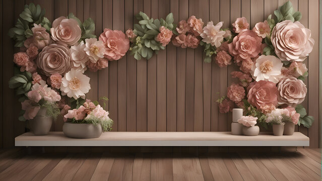 3d render of flower shelf with flowers on wooden wall background.