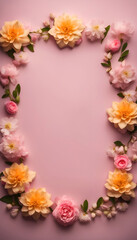 Fototapeta na wymiar Frame made of flowers on pink background. Flat lay. top view.