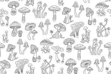 Mushrooms stylizes hippie retro seamless pattern. Poisonous psychedelic abstract mushrooms endless background, doodle linear style wrapper. Hippy magic fantastic fungus repeat ornament print © neliakott