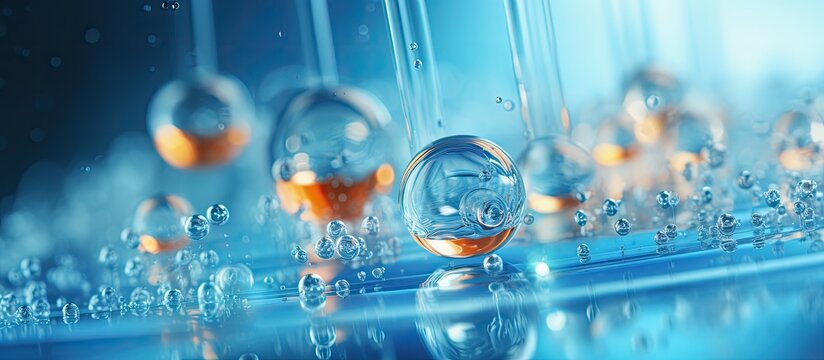 Gel droplets with bubbles enter petri dish in macro shot Concept of hyaluronic acid mixing in face care