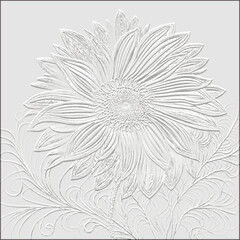 Line art flower. 3d embossed lines floral pattern. Textured beautiful flowers relief background. Drawing emboss white backdrop. Surface flower. 3d line art flowers ornament with embossing effect