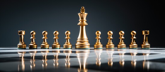 A prominent golden chess king on a corner of the board with numerous silver chess pieces nearby Signifying leadership competition and business strategy