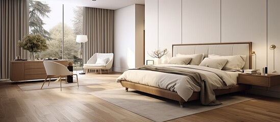 Master bedroom design featuring high end furniture wooden floors and modern carpet - obrazy, fototapety, plakaty