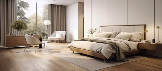 Fotobehang Master bedroom design featuring high end furniture wooden floors and modern carpet © TheWaterMeloonProjec