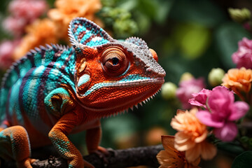 Fototapeta premium extreme close up of Beautiful colorful Chameleon on the flower. 