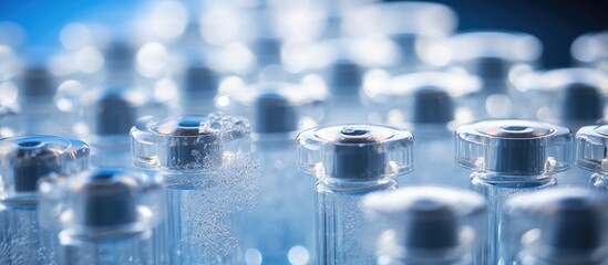Closeup of vials with sealed caps on dry ice for medical transport