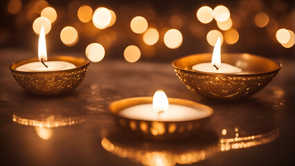 Burning candles on dark background with bokeh. closeup
