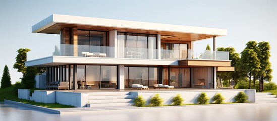 Modern architectural house with a terrace and panoramic windows rendered in 