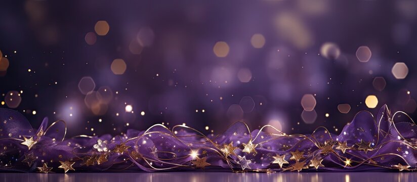 Golden music notes adorn a purple Christmas backdrop