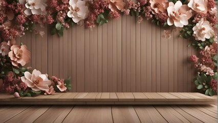 Fototapeta na wymiar 3d render of wooden shelf with flowers on wooden wall background.
