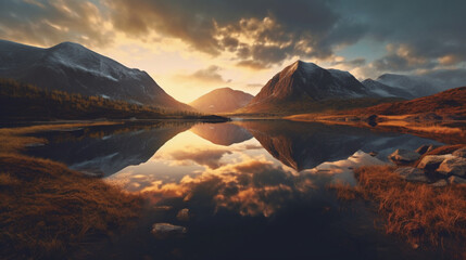 Fototapeta na wymiar Discover the beauty and amazement of a serene view featuring a lake and majestic mountains. Nature's wonders at their finest Created with generative AI tools.