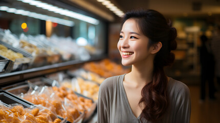 Smiling asian young woman grocery shopping in supermarket
