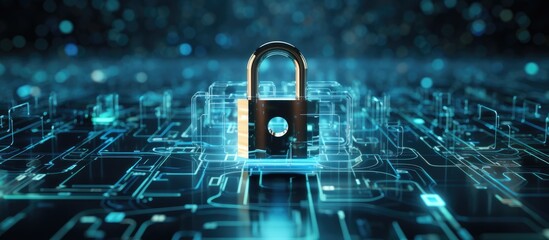 The digital concept of data security is depicted through an abstract hi tech background featuring a digitally generated image of a padlock in blue - obrazy, fototapety, plakaty