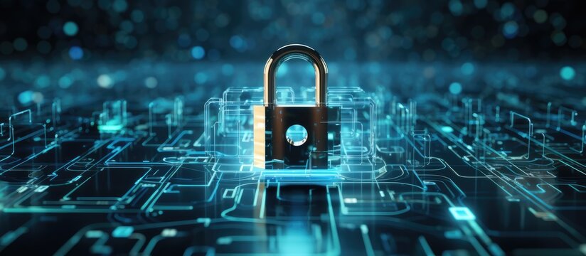The digital concept of data security is depicted through an abstract hi tech background featuring a digitally generated image of a padlock in blue
