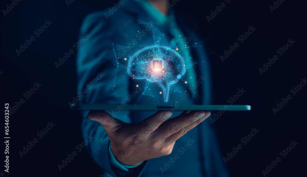 Poster ai, artificial intelligent technology concept. human or businessman use ai tech by insert command pr