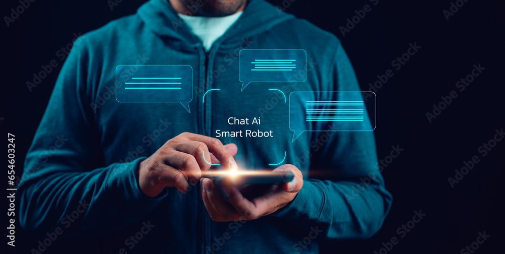 Poster businessman use smartphone chat with ai smart robot, ai or artificial intelligence technology future