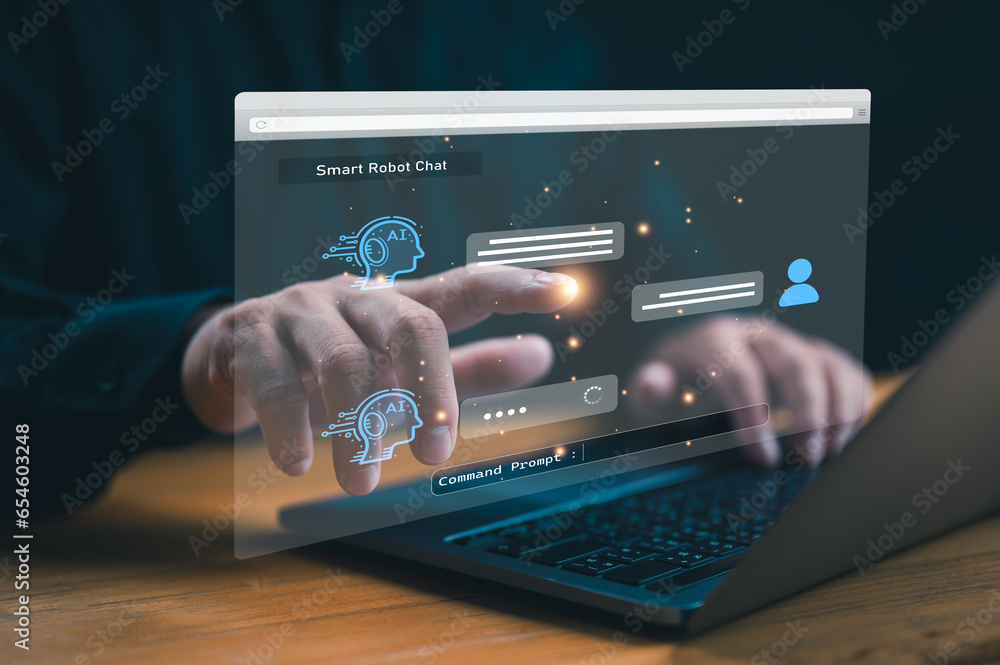 Poster Ai, Human or businessman use computer laptop for connection to web for use technology Ai, artificial intelligent technology concept. Chat with smart robot AI, technology smart robot assistant.