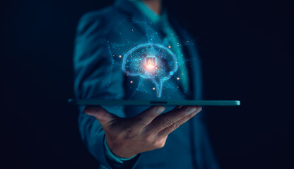Ai, artificial intelligent technology concept. Human or businessman use Ai tech by insert command...