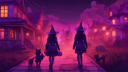 Halloween background with witch and dog in the village. 3d render