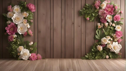 Fototapeta na wymiar 3d rendering of floral background with wooden planks and flowers.