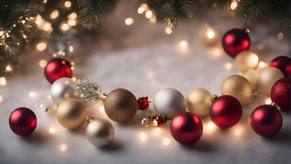 Fototapeta na wymiar Christmas and New Year background with bokeh lights and ornaments