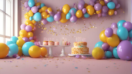 Fototapeta na wymiar 3d render of birthday cake with candles. balloons and confetti
