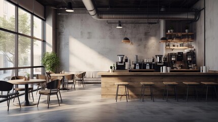 A modern and stylish coffee shop interior with sleek furniture, industrial lighting, and textured concrete walls. AI generated