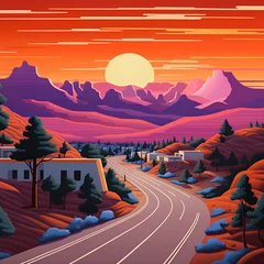 Schilderijen op glas landscape with mountains, Colorful comic book style illustration. Digital illustration. © Dijay