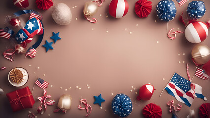 Top view of american holiday decorations on brown background with copy space