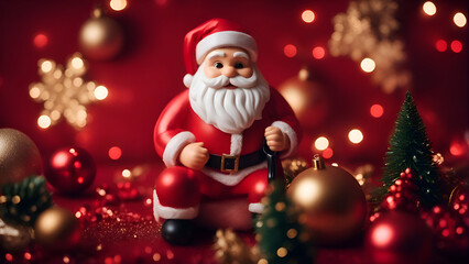 Fototapeta na wymiar Christmas decoration with santa claus on red background with bokeh