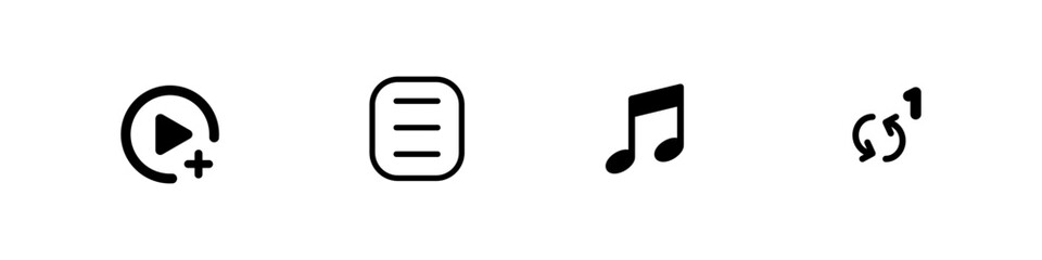 Minimalist music control icon, perfect for your project. add music list icon, music list icon, music icon and repeat music one more time icon