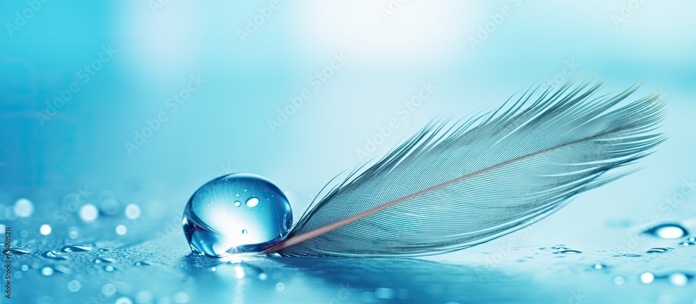 Poster macro image of a delicate elegant water drop on a feather against a blurred blue backdrop symbolizin