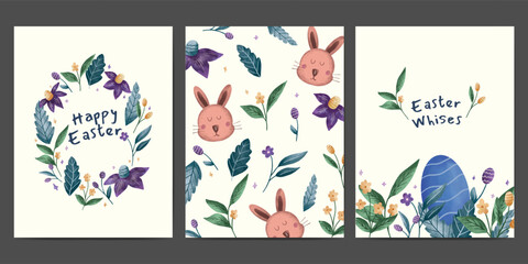 happy easter greeting card collection. easter egg, bunny  and floral watercolor illustration