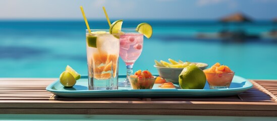 Drinks and snacks served on floating tray in Maldives pool ideal for romantic date or honeymoon in luxurious hotel on tropical island - obrazy, fototapety, plakaty