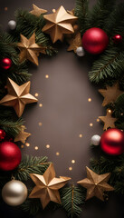 Fototapeta na wymiar Christmas wreath with red and golden stars and balls on dark background