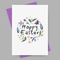 happy easter greeting card. easter egg with floral watercolor ornament