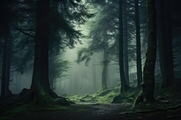 Obraz premium foggy forest with picturesque trees 