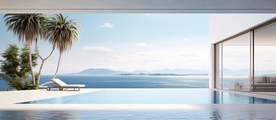 Luxury villa interior featuring a swimming pool with ocean view