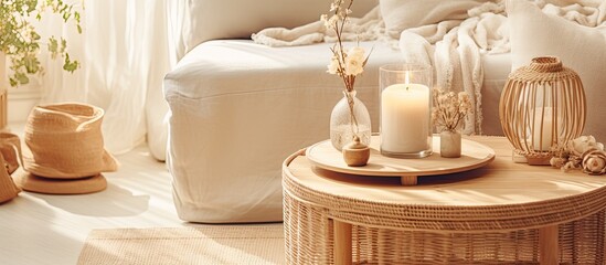 Birds eye view of a bohemian style living room with wicker furniture natural materials a bamboo table candles and dry flowers in a cozy apartment - obrazy, fototapety, plakaty